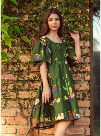 Vestido Eugênia Estampa Marrakech Verde - Pelo Céu de Marrakech